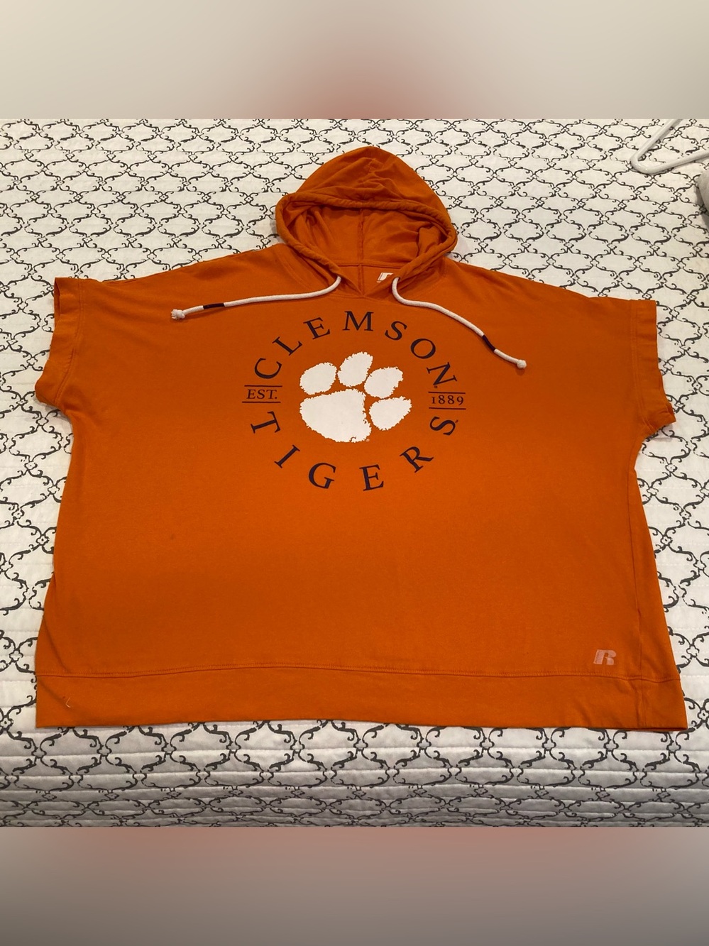 Clemson Tigers 2XL Short Sleeved Hoodie Pullover Logo Orange & White 100% Cotton